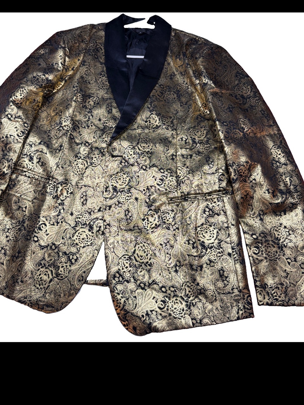 GOLD metallic Floral PAISLEY Blazer Men’s XL, Notched BLACK Lapel Flashy Formal